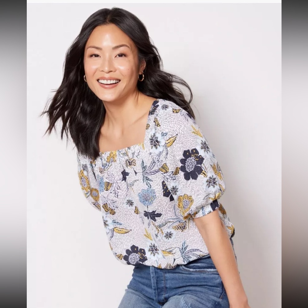 Evereve White Floral Smocked Square-Neck Blouse with Navy and Mustard Print